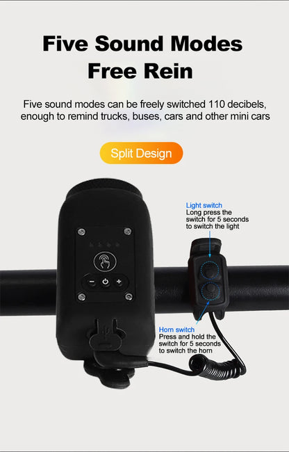Bike Horn Light 110DB USB Rechargeable Bicycle Front Light Electric Bell Remote Control Horn Bike Light Night Cycling Accessorie