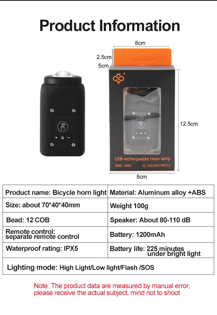 Bike Horn Light 110DB USB Rechargeable Bicycle Front Light Electric Bell Remote Control Horn Bike Light Night Cycling Accessorie